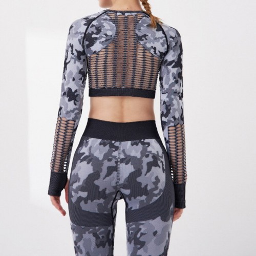 2pcs Set Of Female Camouflage Yoga Suit Gym Clothing Workout Long Sleeve Fitness Crop Top High